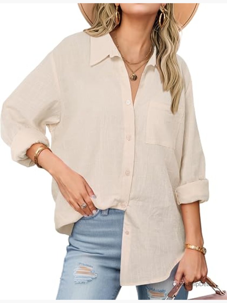 Women's Cotton Gauze Button Down Shirt Long Sleeve V-Neck Casual Blouse Loose